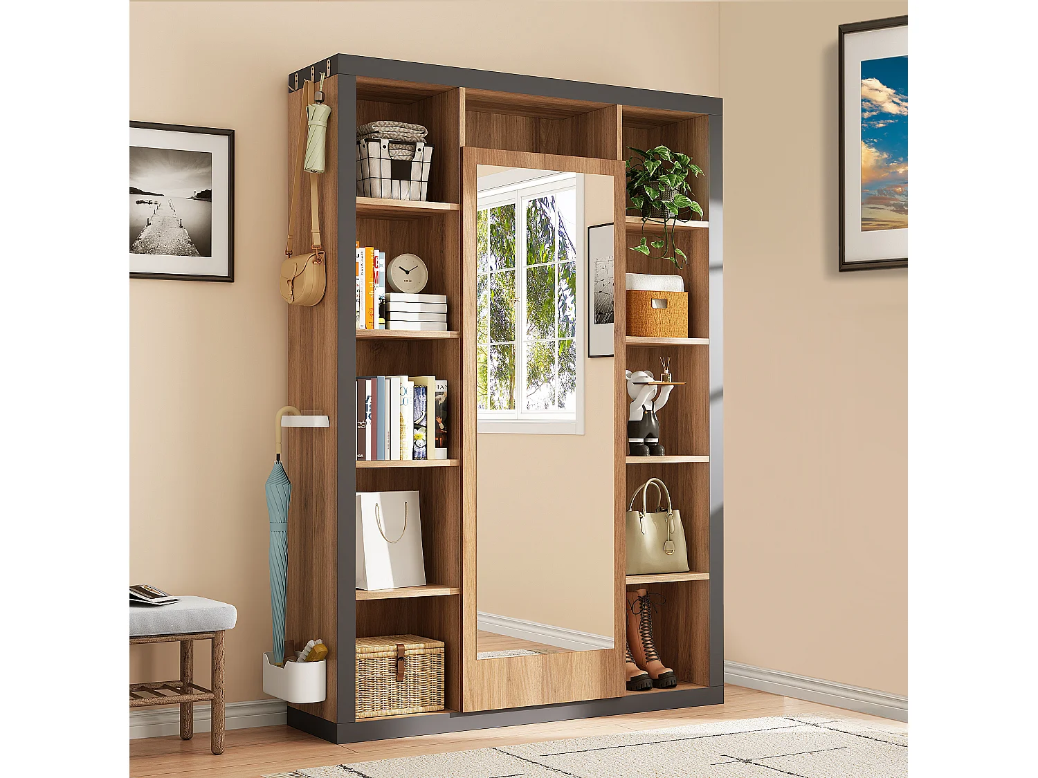 Meuble multifonction avec miroir, bibliothèque, porte-parapluie et porte-manteau, design moderne, gris et bois (115x30x165 cm)