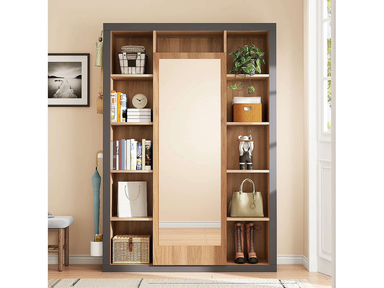 Meuble multifonction avec miroir, bibliothèque, porte-parapluie et porte-manteau, design moderne, gris et bois (115x30x165 cm)