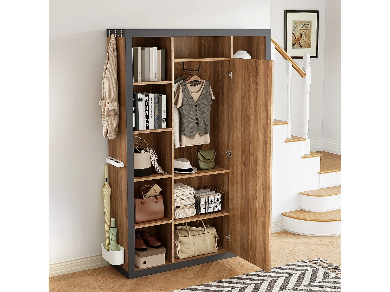 Meuble multifonction avec miroir, bibliothèque, porte-parapluie et porte-manteau, design moderne, gris et bois (115x30x165 cm)