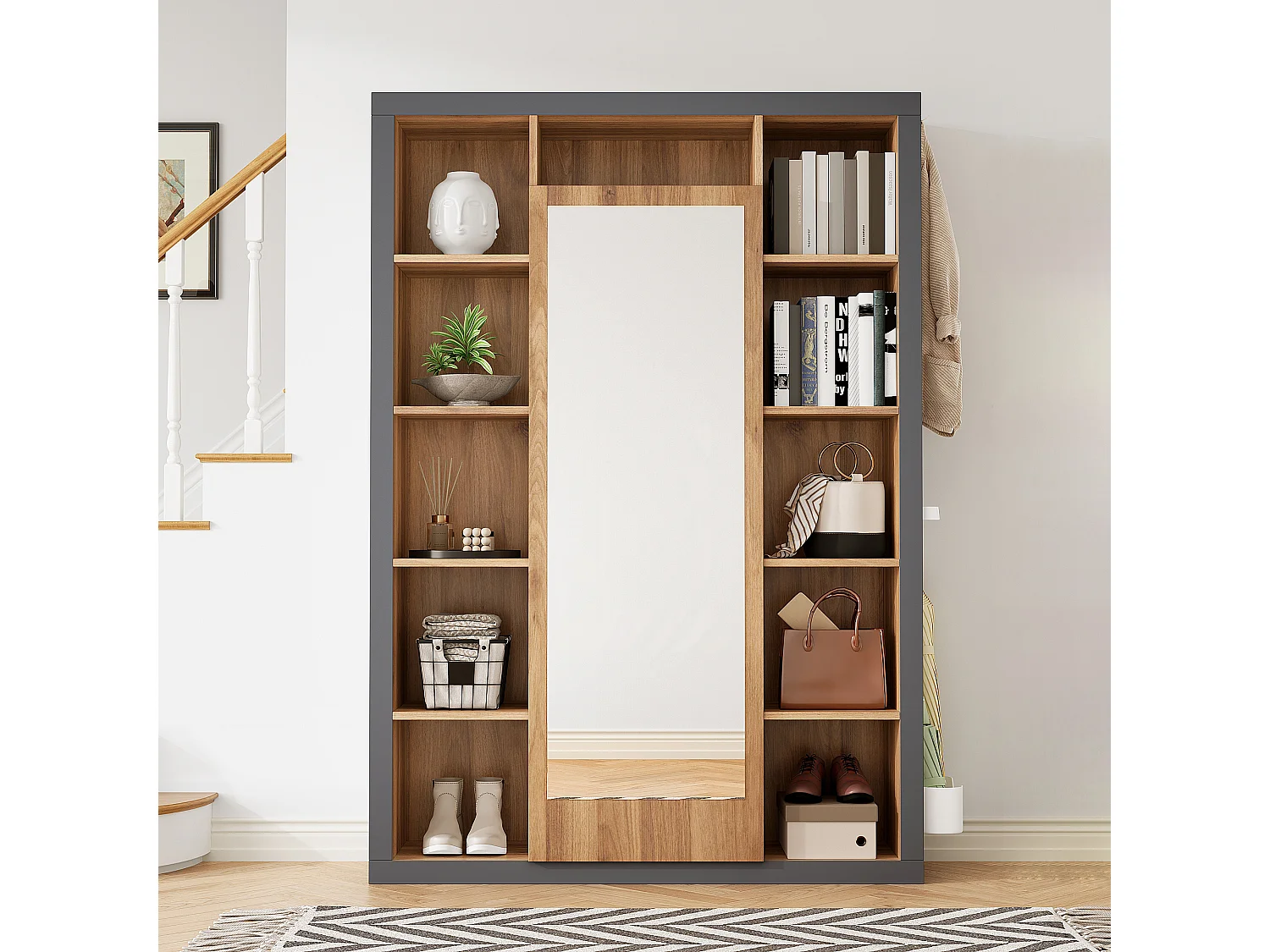 Meuble multifonction avec miroir, bibliothèque, porte-parapluie et porte-manteau, design moderne, gris et bois (115x30x165 cm)