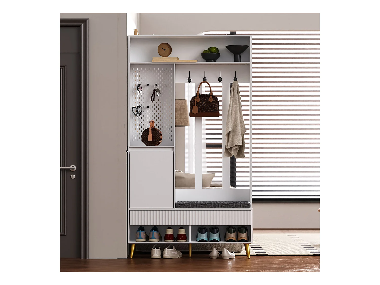 Halmeubel met bank, kapstok, planken en lades, 4 haken, 1 deur, wit, (100x35x180 cm)