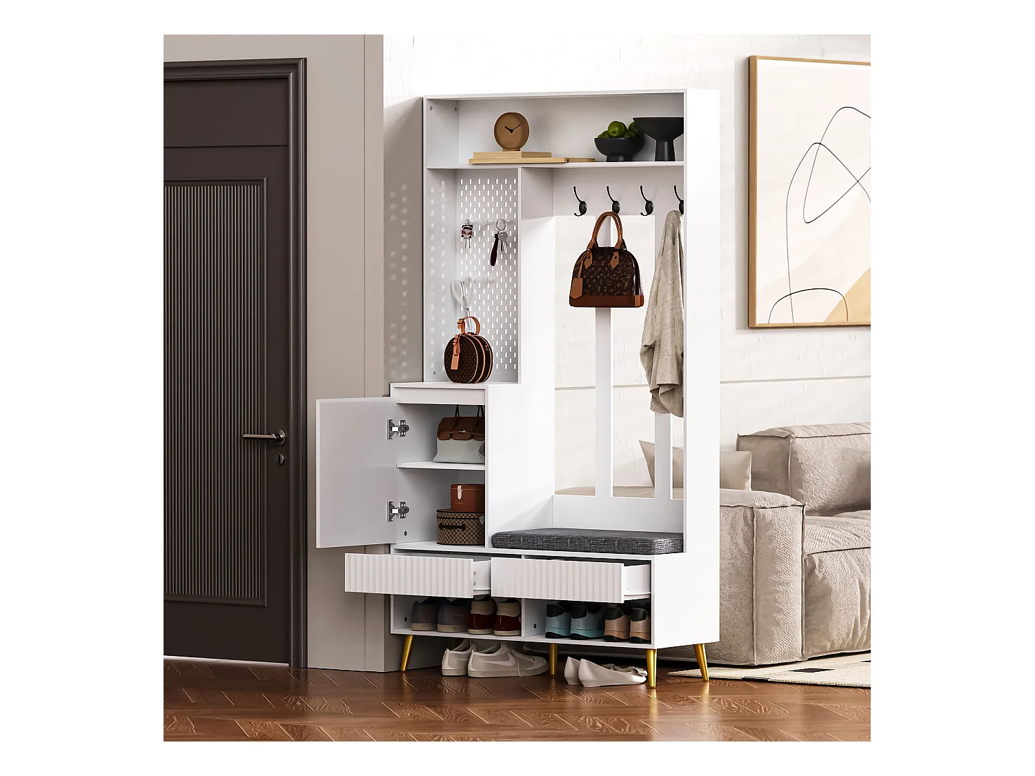 Halmeubel met bank, kapstok, planken en lades, 4 haken, 1 deur, wit, (100x35x180 cm)