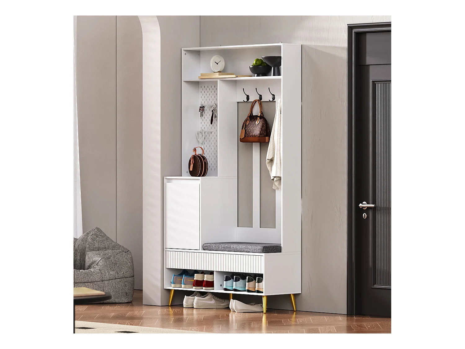 Halmeubel met bank, kapstok, planken en lades, 4 haken, 1 deur, wit, (100x35x180 cm)