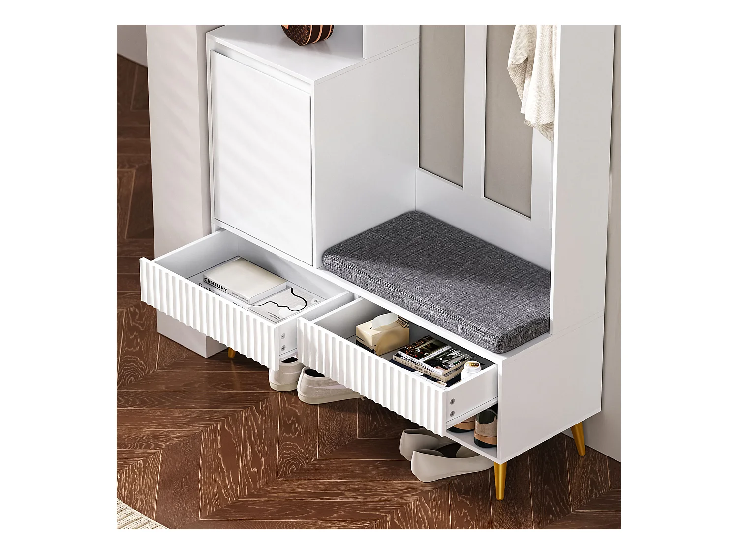 Halmeubel met bank, kapstok, planken en lades, 4 haken, 1 deur, wit, (100x35x180 cm)