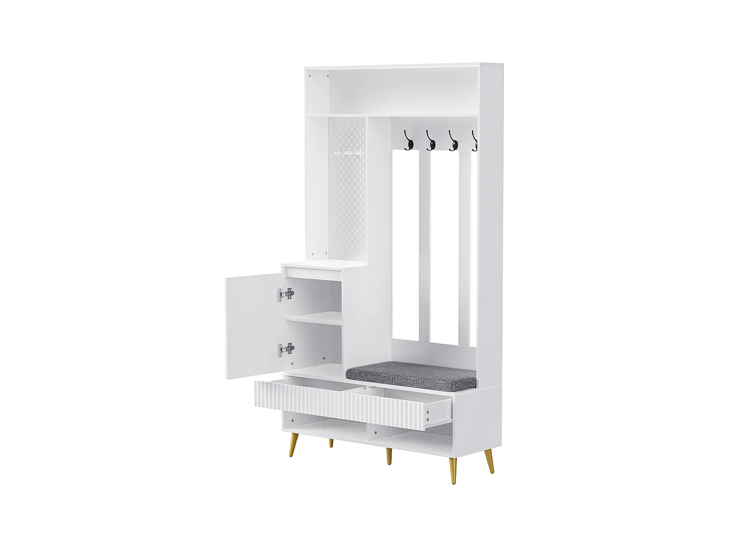 Halmeubel met bank, kapstok, planken en lades, 4 haken, 1 deur, wit, (100x35x180 cm)