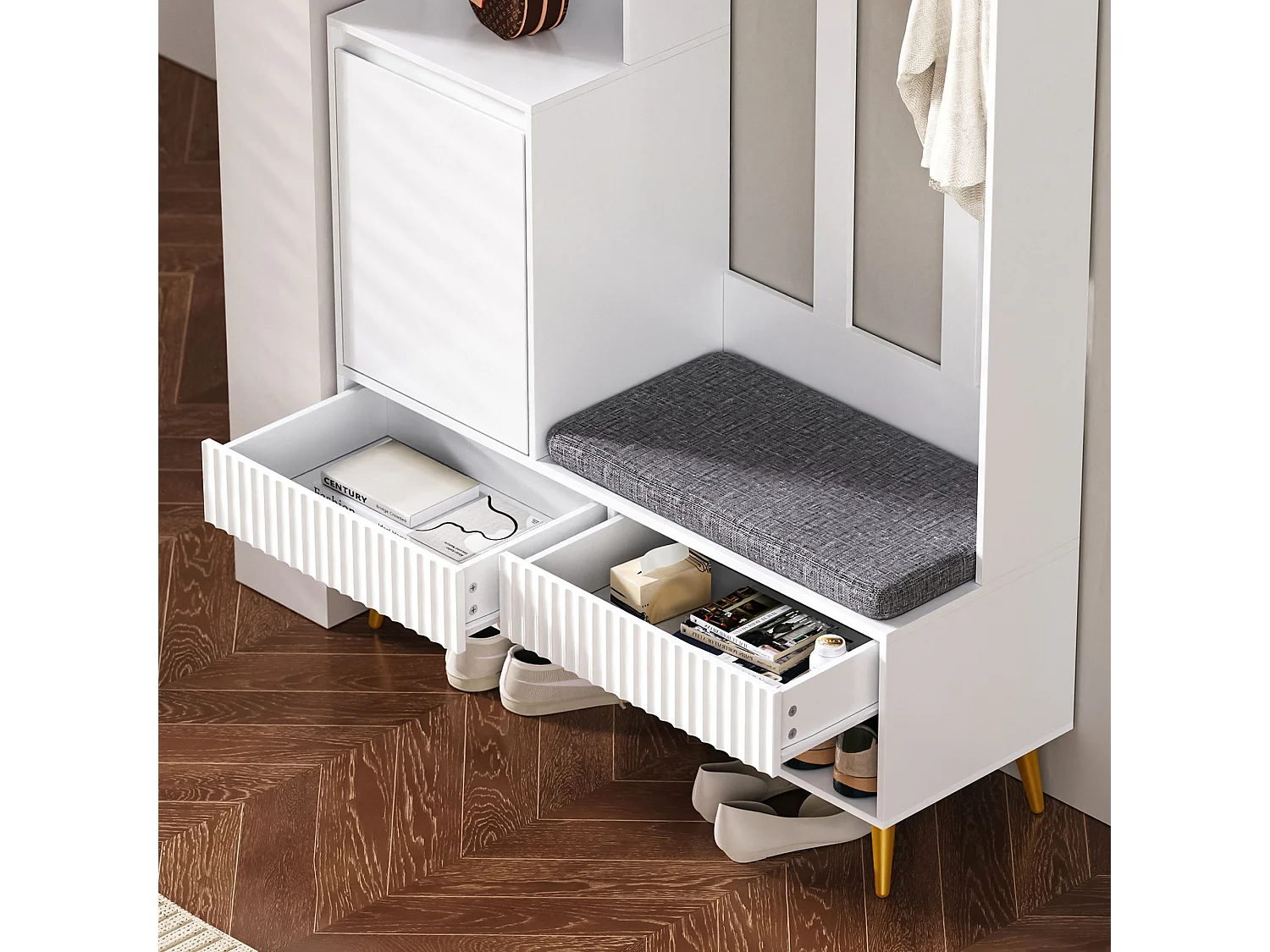 Halmeubel met bank, kapstok, planken en lades, 4 haken, 1 deur, wit, (100x35x180 cm)