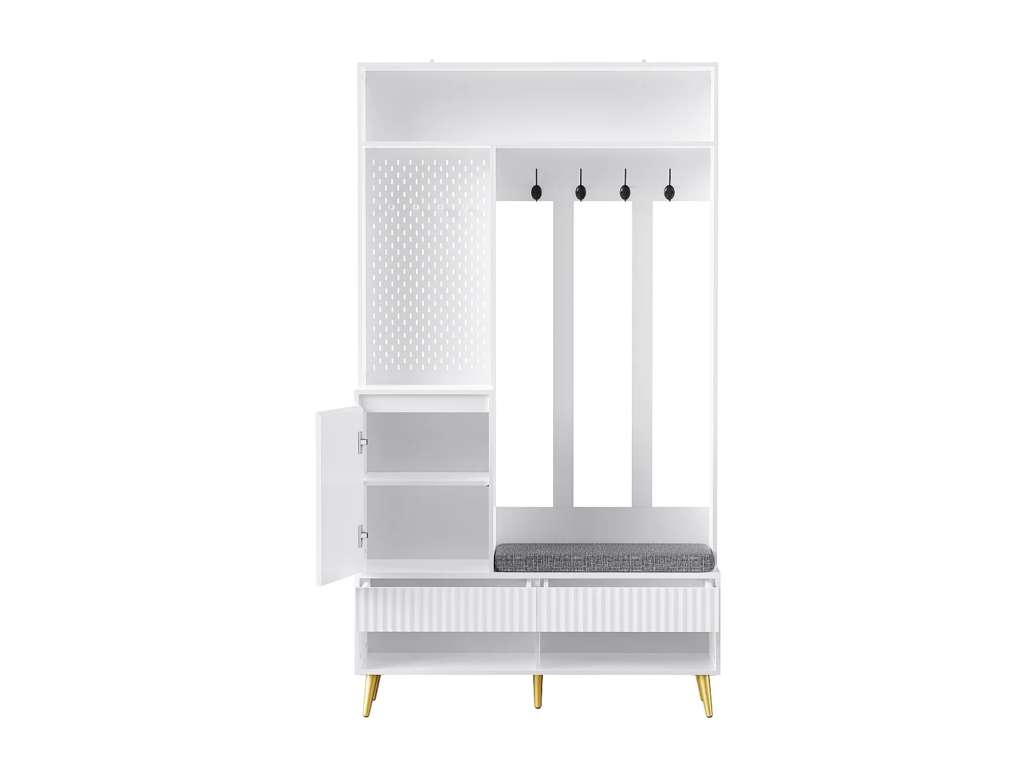 Halmeubel met bank, kapstok, planken en lades, 4 haken, 1 deur, wit, (100x35x180 cm)