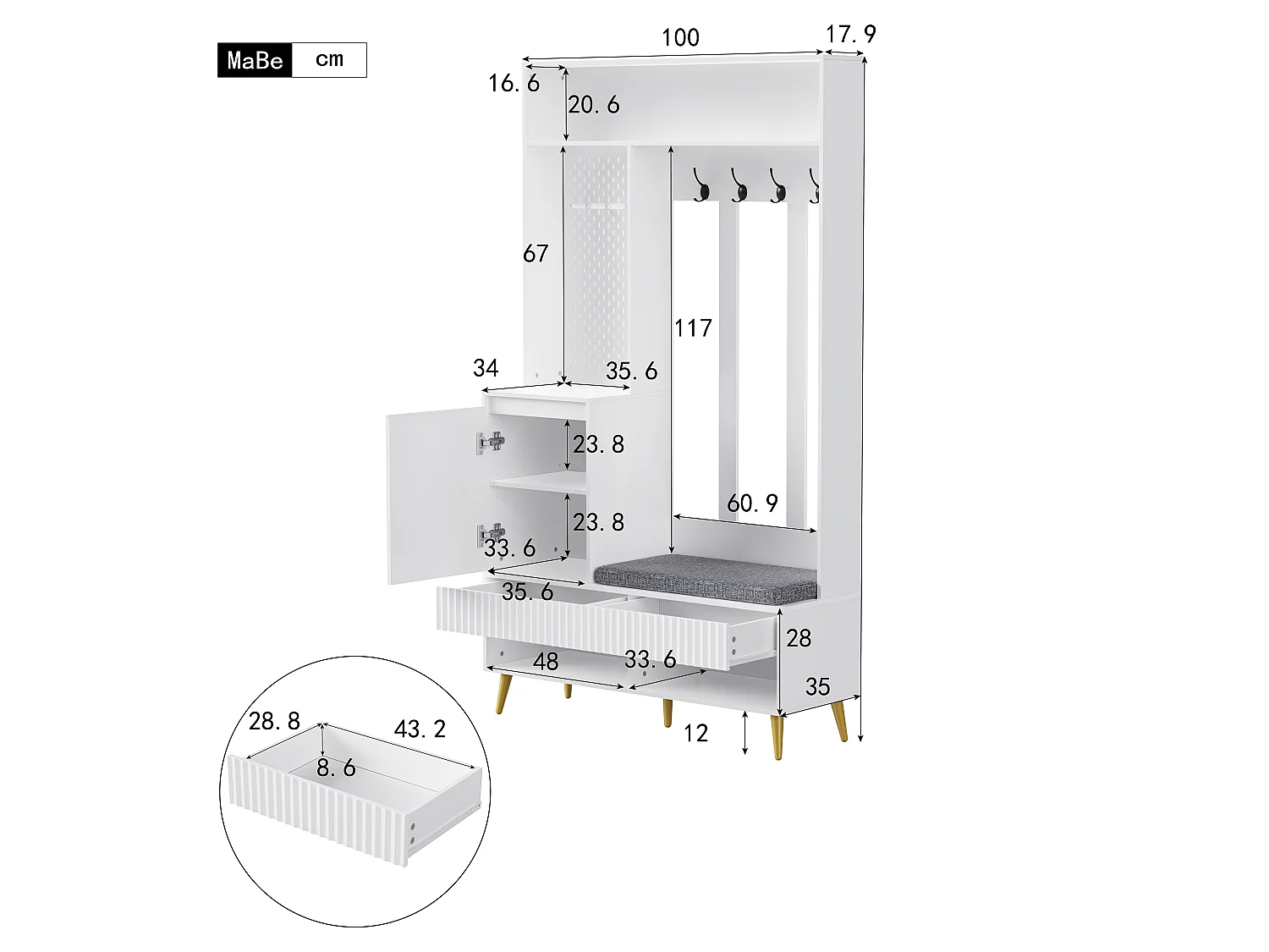 Halmeubel met bank, kapstok, planken en lades, 4 haken, 1 deur, wit, (100x35x180 cm)