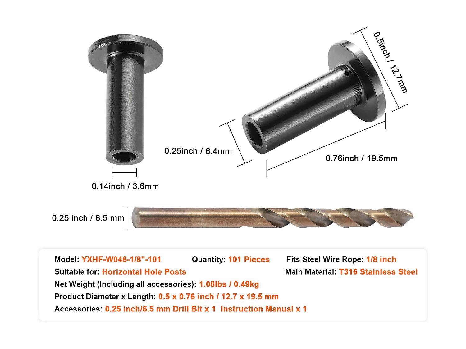 Garde-corps SucceBuy Lot de 101 Manchons en Acier Inoxydable T316 pour Câble Métallique de 3,2 mm