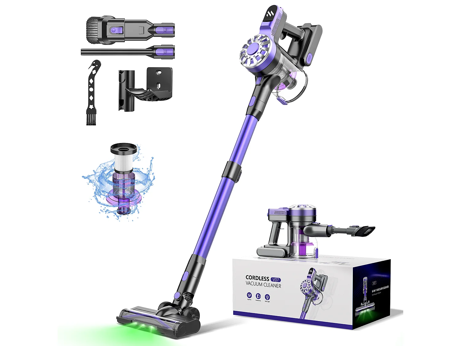 Aspirateur sans fil à puissance réglable, moteur sans balais, filtre HEPA, réservoir 900mL, noir (114.5x23.5x23 cm)