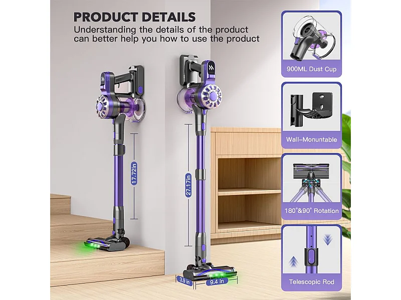 Aspirateur sans fil à puissance réglable, moteur sans balais, filtre HEPA, réservoir 900mL, noir (114.5x23.5x23 cm)