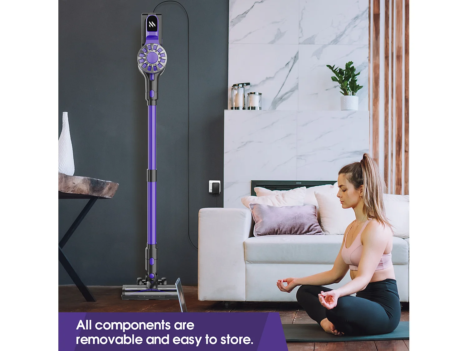 Aspirateur sans fil à puissance réglable, moteur sans balais, filtre HEPA, réservoir 900mL, noir (114.5x23.5x23 cm)