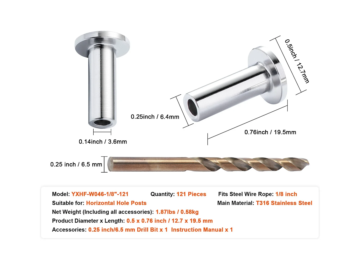 Garde-corps SucceBuy Lot de 121 Manchons de Protection en Acier Inoxydable T316 pour Garde-corps en Câble Métallique de 3,2 mm