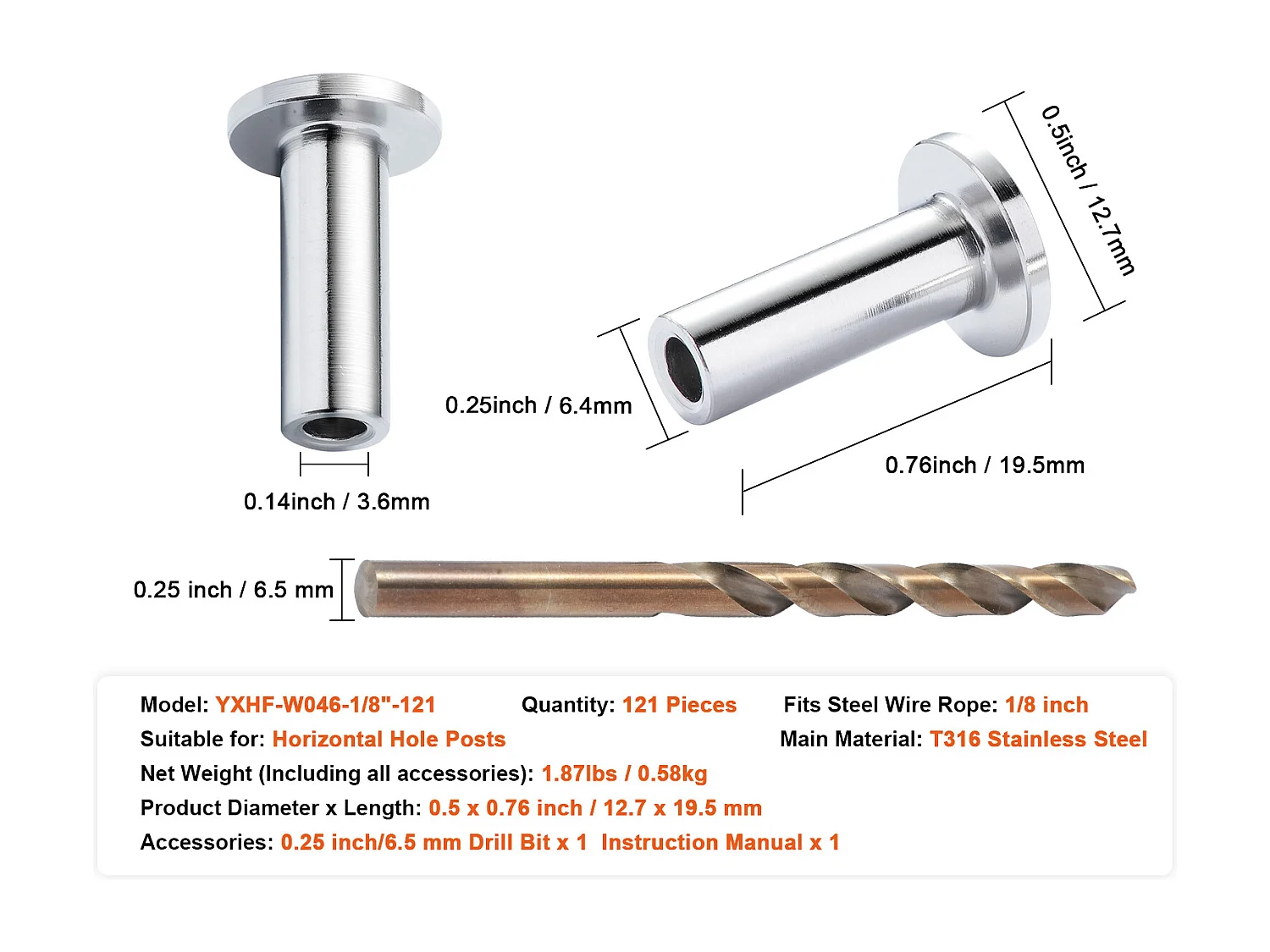 Korpus Garde SucceBuy 121 Tulei Ochronnych ze Stali Nierdzewnej T316 do Lin Stalowych 3,2 mm