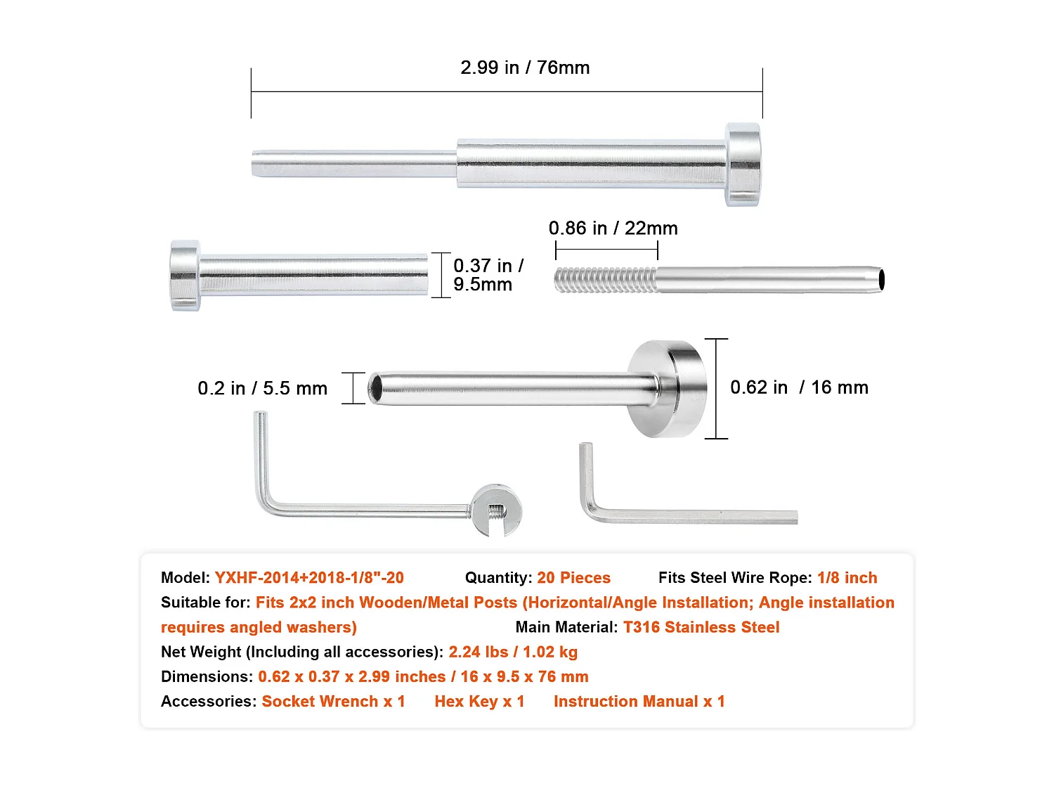 Leitplanken SucceBuy Unsichtbares Kabelgeländer-Set, 20 Stück, 3,2 mm T316 Edelstahl-Endkappen