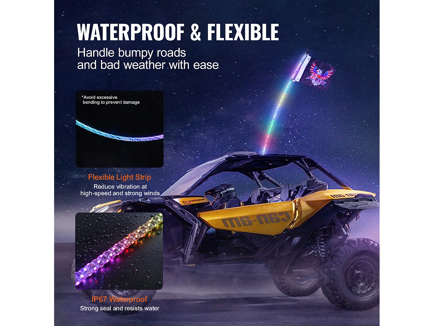 Fouet Lumineux LED SucceBuy Lumière de Fouet LED 1PC 122 cm RGB Spiral Antenne Lumière Télécommande App pour ATV UTV RZR