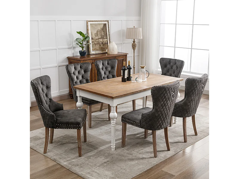 Juego de 6 sillas de comedor, diseño antiguo, con tachuelas, patas de madera maciza, tapizado de terciopelo, color gris (53,5x61x95 cm)