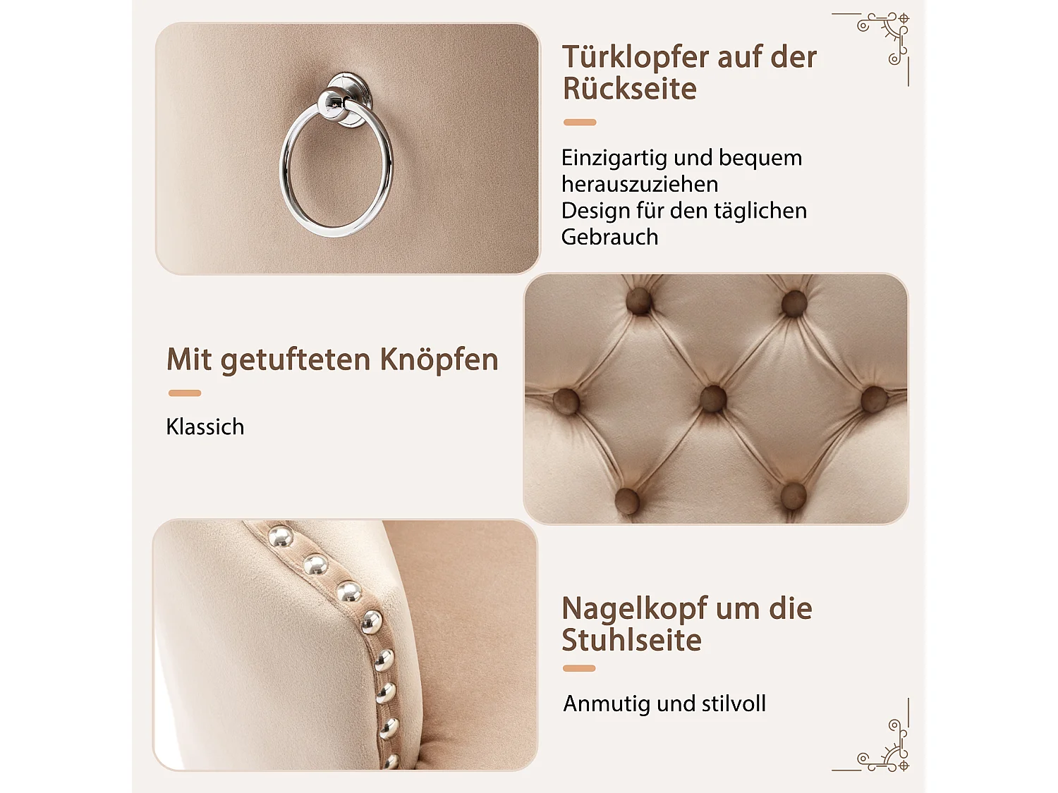 Set de 2 chaises de salle à manger, design vintage, clouté, pieds en bois massif, revêtement en velours, gris (53x46.5x95 cm)