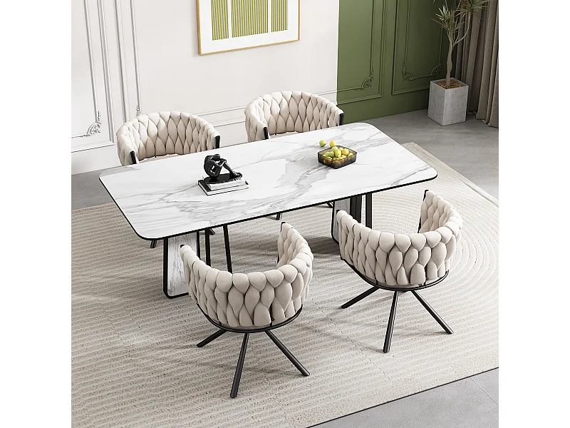 Set van 4 fluwelen eetkamerstoelen, draaibare fauteuil, elegant design, metalen frame, beige (L 62 x B 60 x H 57 cm)