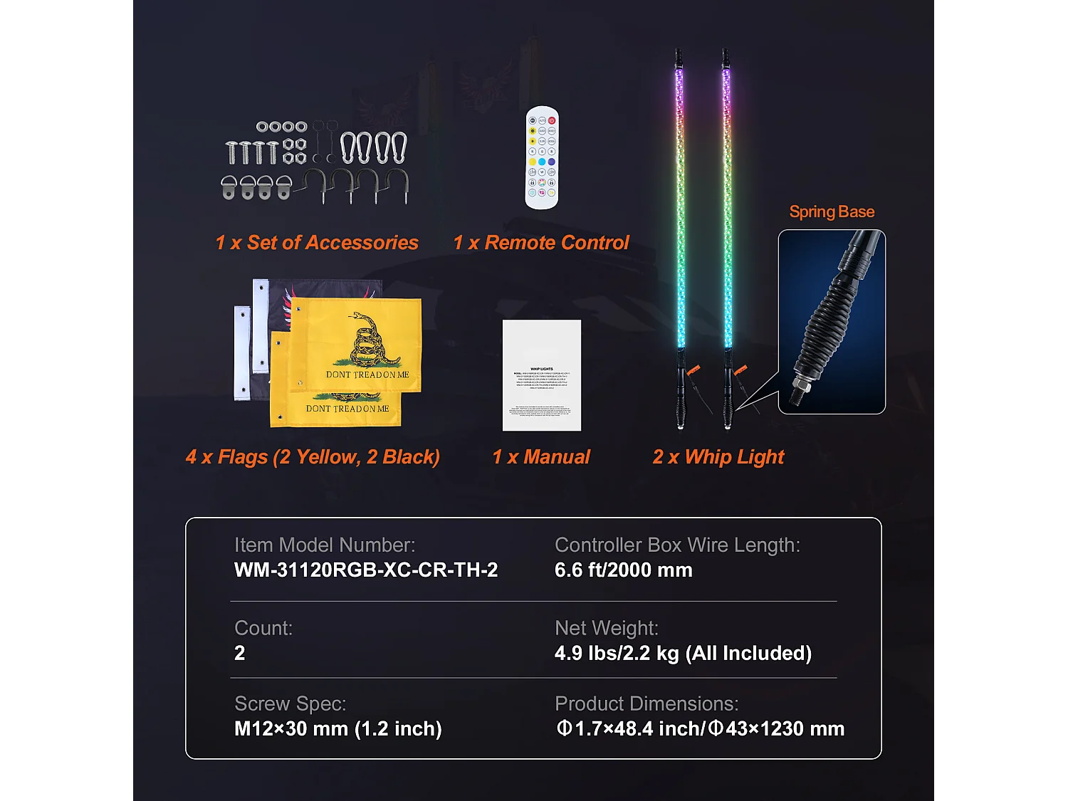 Fouet Lumineux LED SucceBuy LED Whip Light Spring Base 2PCS 122 cm RGB Spiral Antenne Lumière