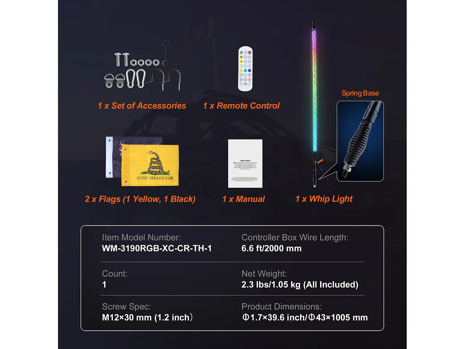 Fouet Lumineux LED SucceBuy Feu de Position à Ressort LED de 92 cm Avec Antenne en Spirale RVB Avec Télécommande et Application 1 Pièce