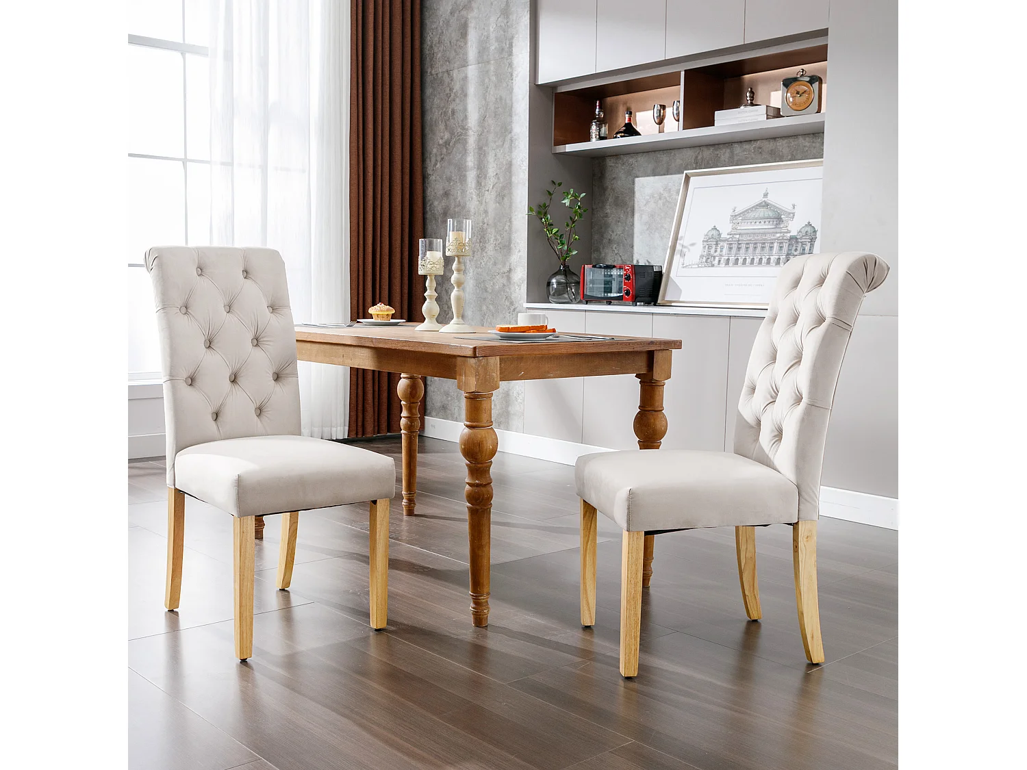 Eetkamerstoel van fluweel, set van 2, met eikenhouten poten, decoratieve knopen, metalen frame, beige (afmetingen: 63 x 43 x 100 cm)