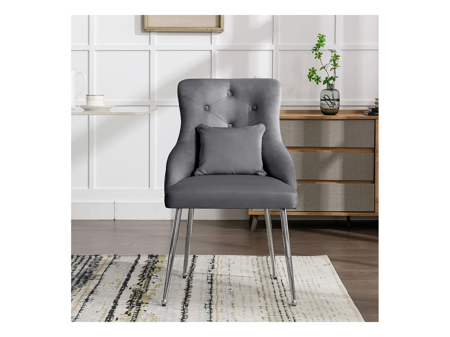 Eetkamerstoel met geknoopt patroon, gestoffeerde fauteuil, metalen poten, modern, fluweel, grijs (lengte x breedte x hoogte cm)