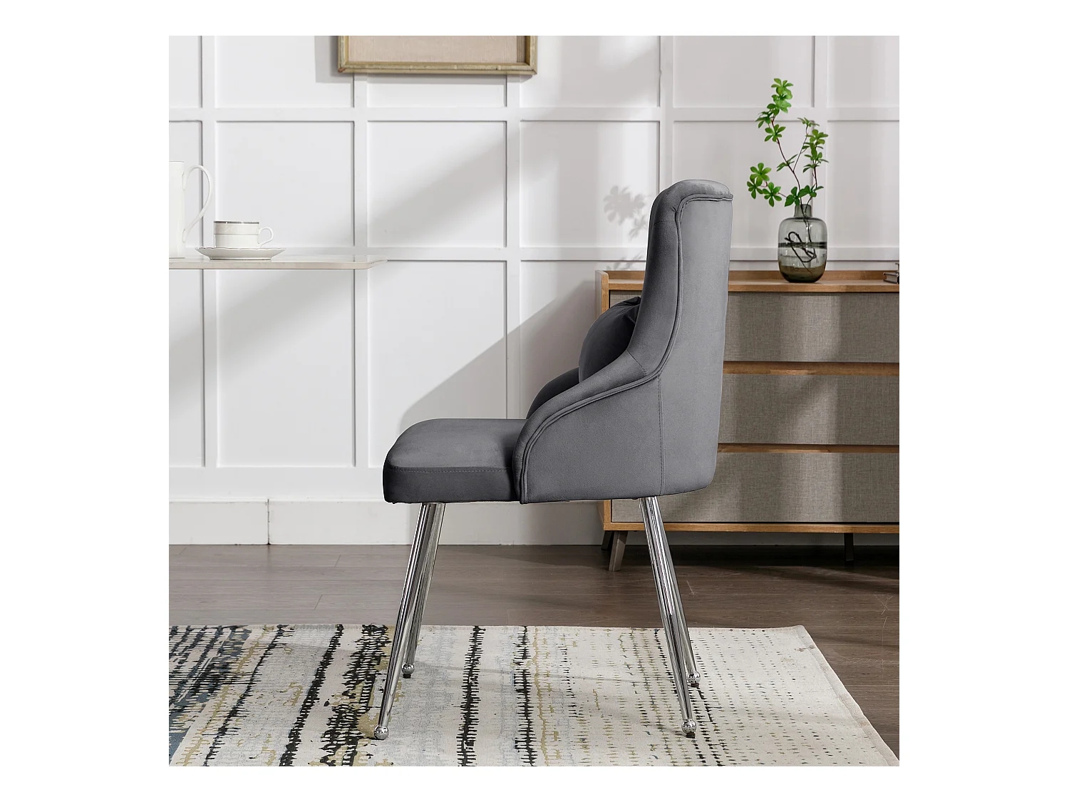 Eetkamerstoel met geknoopt patroon, gestoffeerde fauteuil, metalen poten, modern, fluweel, grijs (lengte x breedte x hoogte cm)