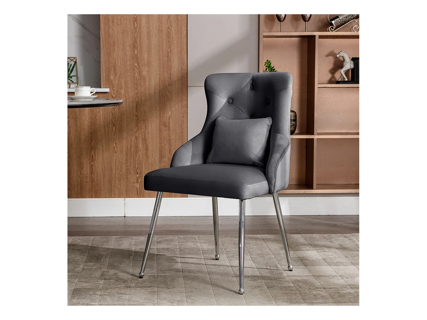 Eetkamerstoel met geknoopt patroon, gestoffeerde fauteuil, metalen poten, modern, fluweel, grijs (lengte x breedte x hoogte cm)