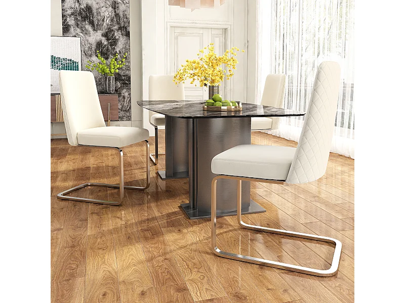Sedie da pranzo in velluto, set da 4, schienale con design a diamante, gambe in metallo argentato, beige (63,5x63,5x47,6 cm)