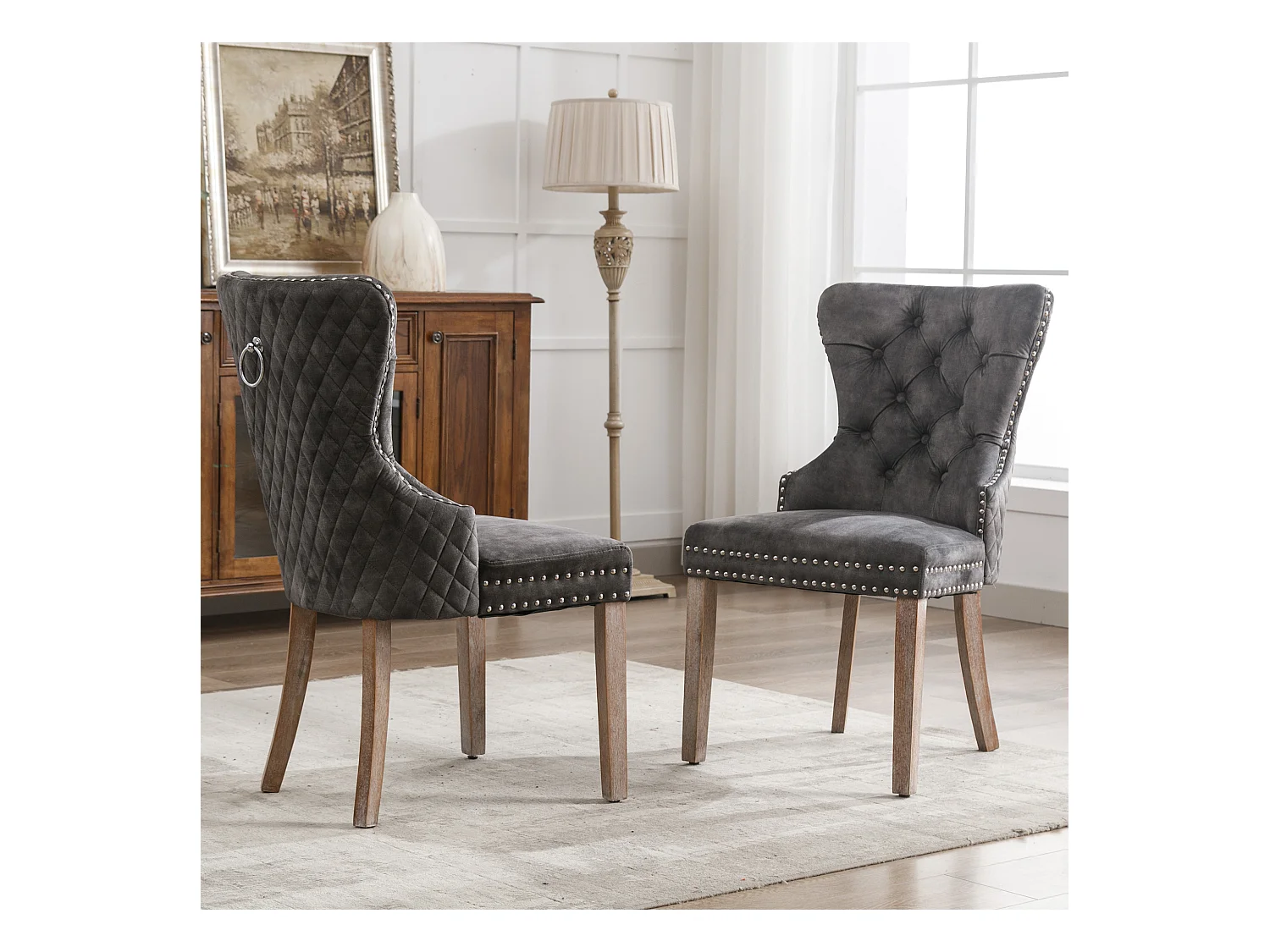 Set de 2 chaises de salle à manger, design vintage, clouté, pieds en bois massif, revêtement en velours, gris (53x46.5x95 cm)