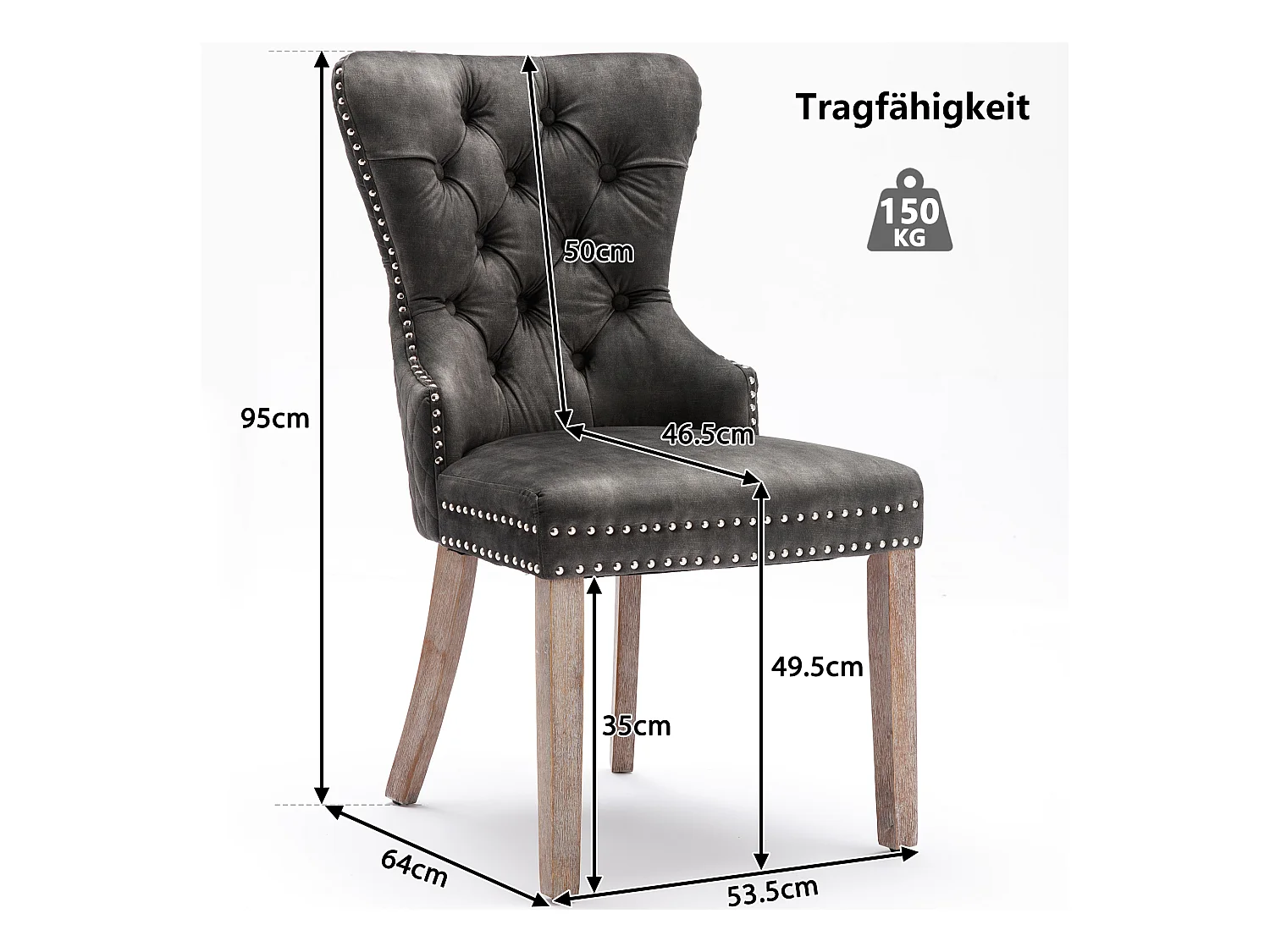 Set de 2 chaises de salle à manger, design vintage, clouté, pieds en bois massif, revêtement en velours, gris (53x46.5x95 cm)