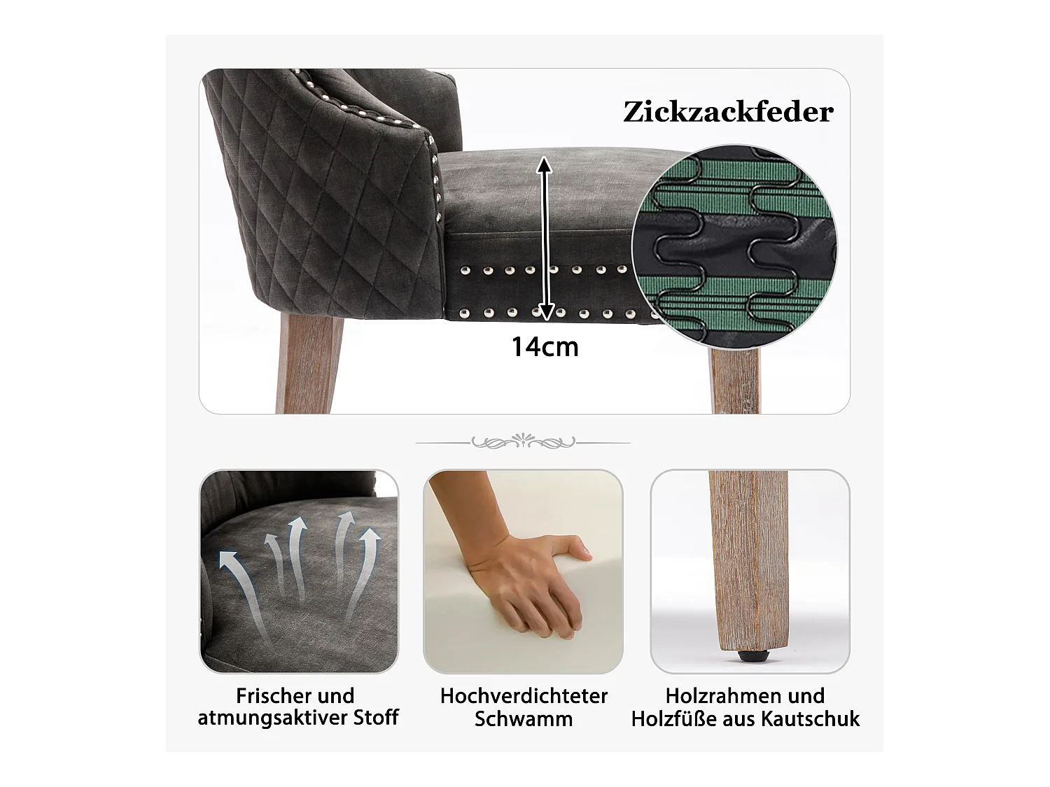 Set de 2 chaises de salle à manger, design vintage, clouté, pieds en bois massif, revêtement en velours, gris (53x46.5x95 cm)