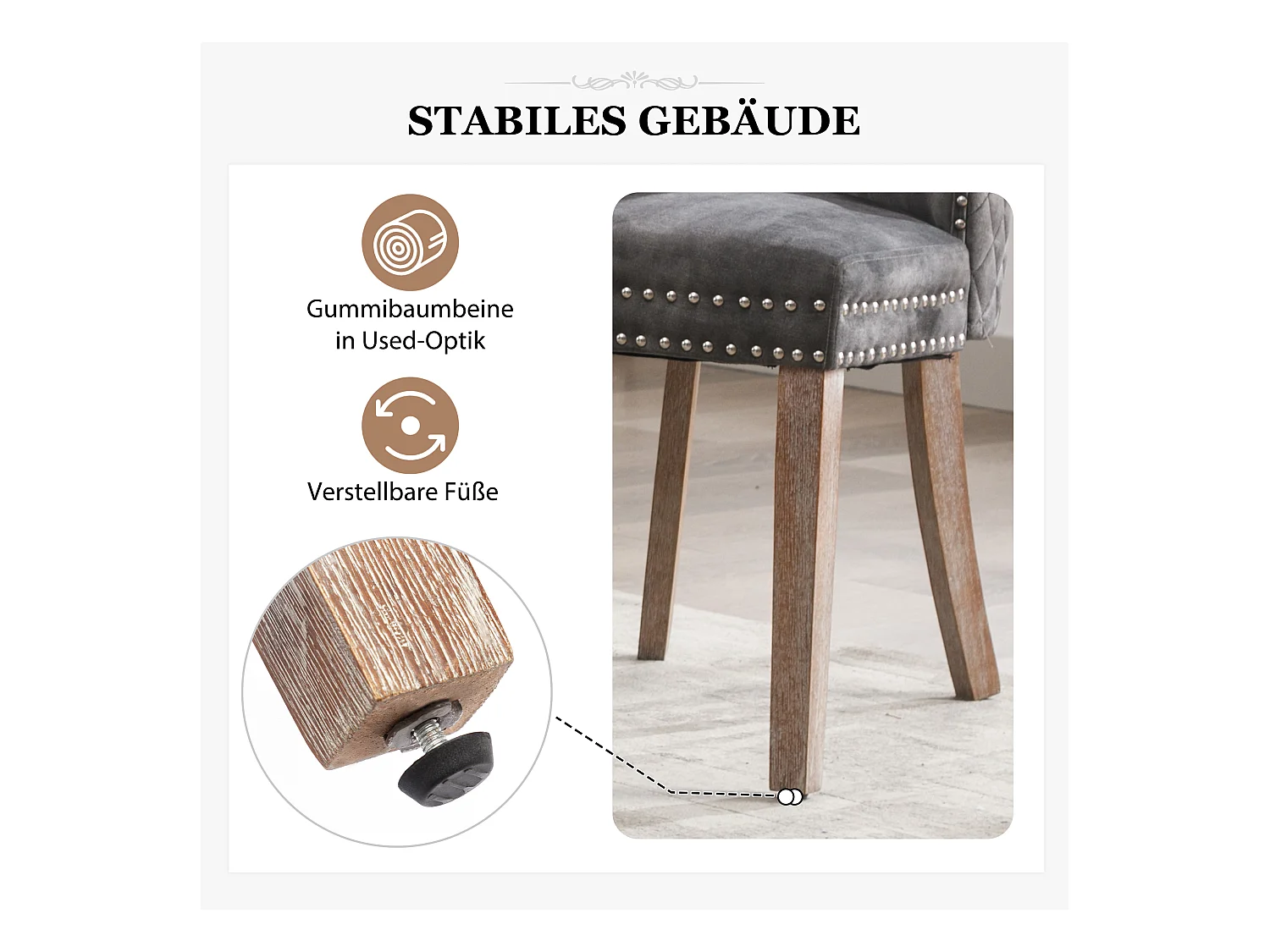 Set de 2 chaises de salle à manger, design vintage, clouté, pieds en bois massif, revêtement en velours, gris (53x46.5x95 cm)