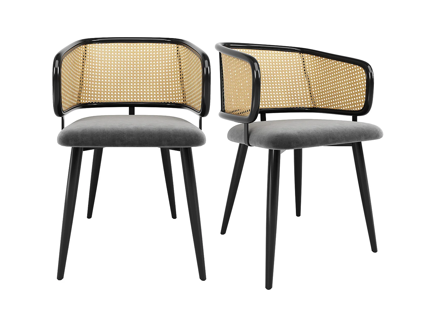 6 Chaises de salle à manger, avec dossier en rotin, coussin en velours, design moderne, gris (47x47x79 cm)