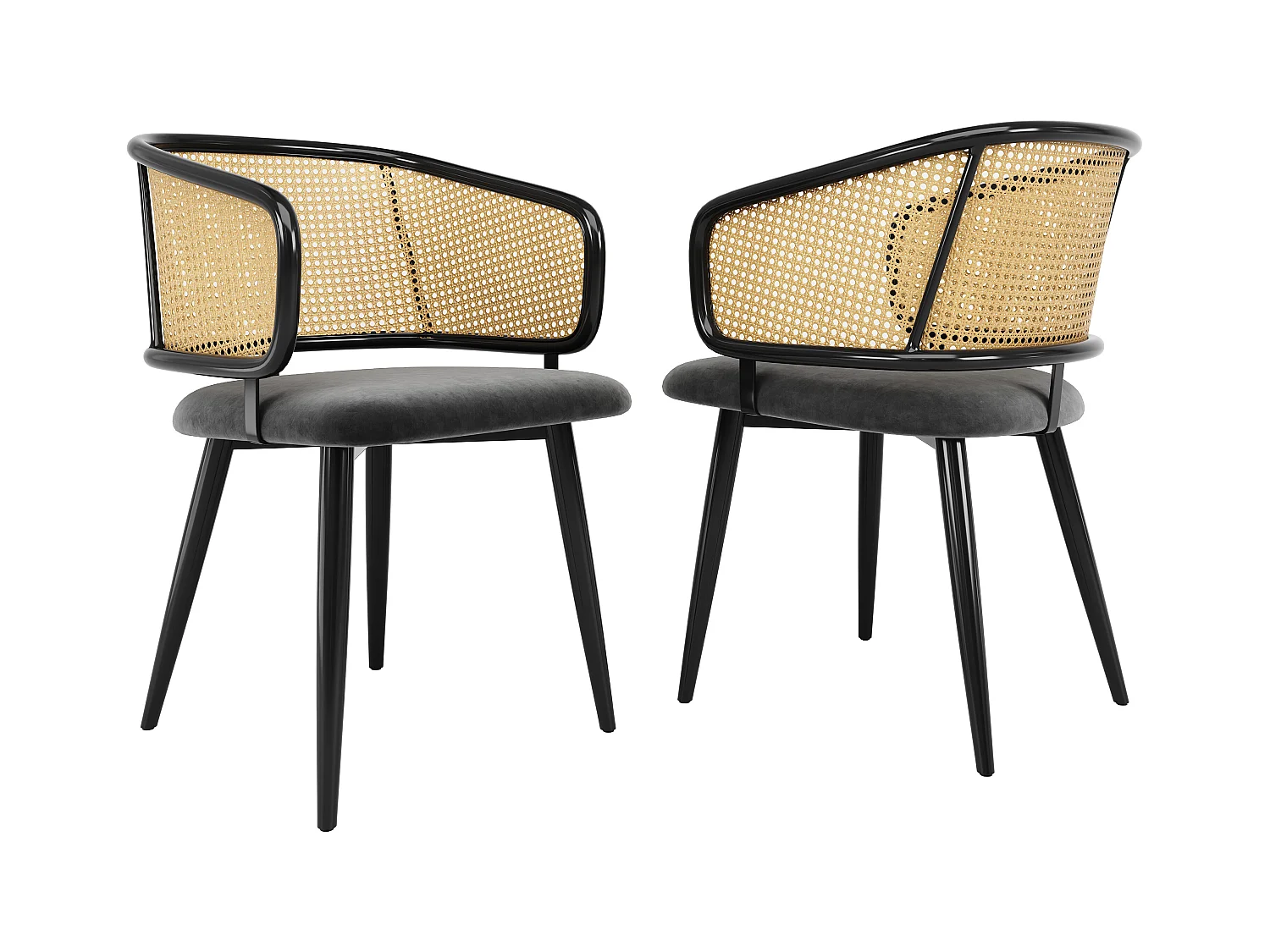 6 Chaises de salle à manger, avec dossier en rotin, coussin en velours, design moderne, gris (47x47x79 cm)