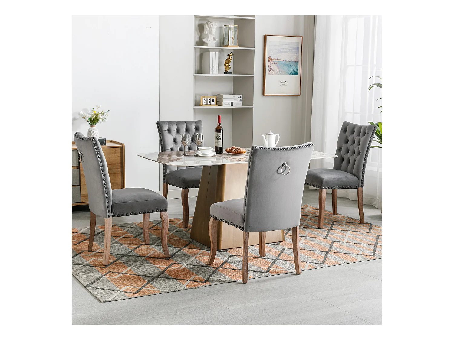 Chaise de salle à manger en velours gris avec clous en cuivre, pieds en bois massif, design moderne, hauteur 95 cm (4 pièces)