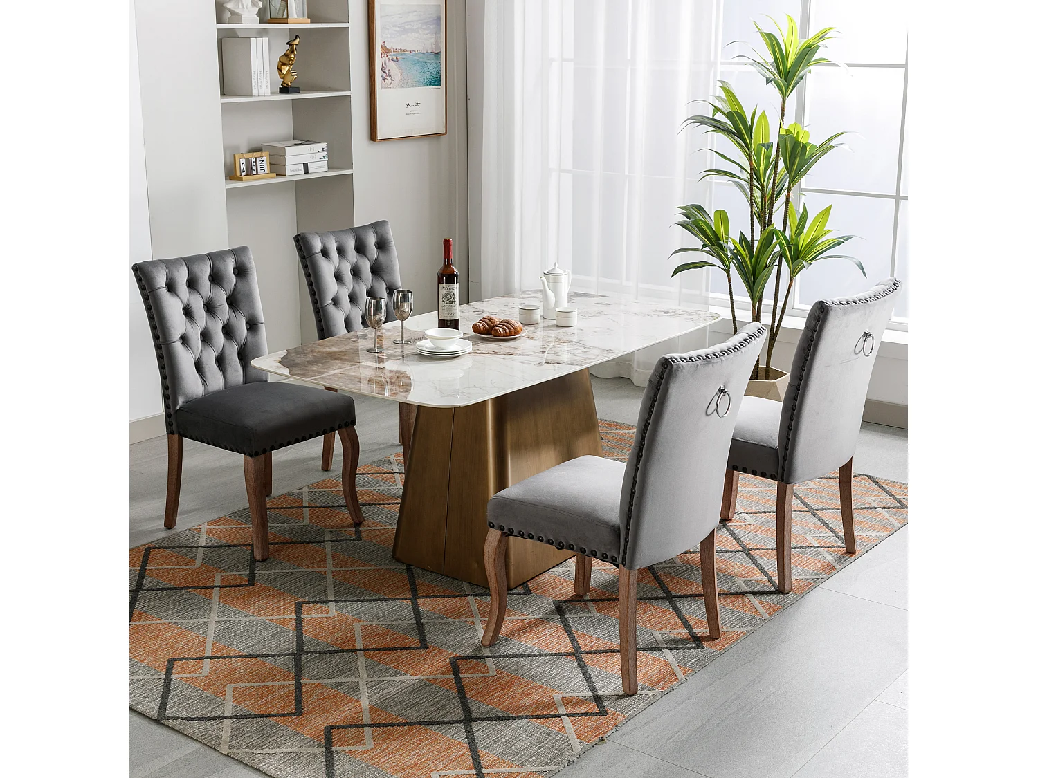 Chaise de salle à manger en velours gris avec clous en cuivre, pieds en bois massif, design moderne, hauteur 95 cm (4 pièces)