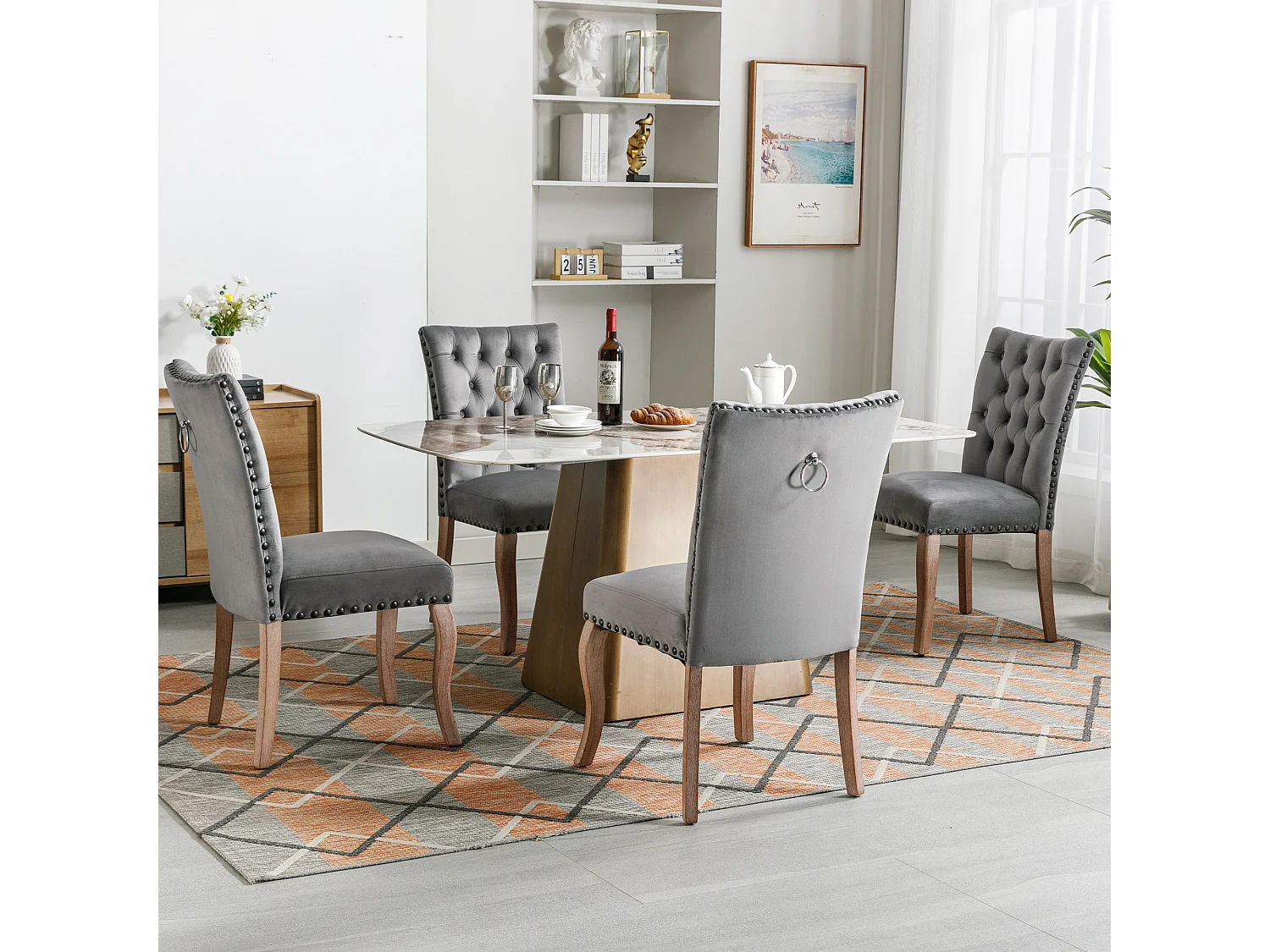 Chaise de salle à manger en velours gris avec clous en cuivre, pieds en bois massif, design moderne, hauteur 95 cm (4 pièces)