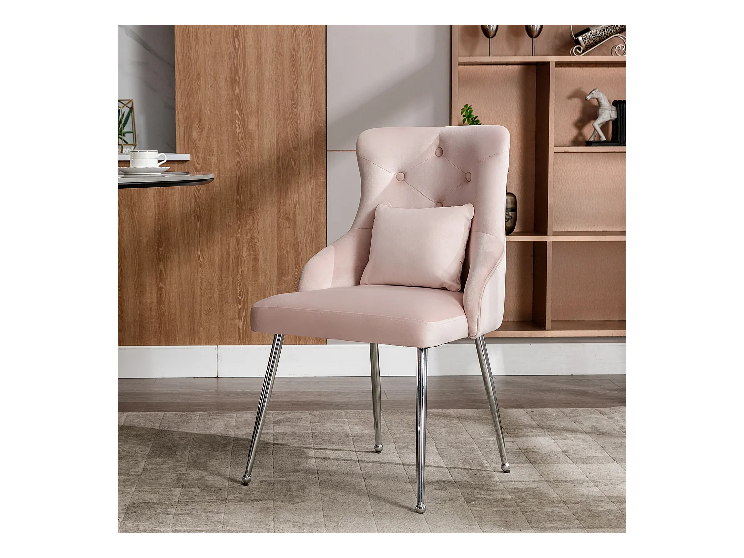 Set de 4 chaises de salle à manger avec dossier capitonné, fauteuil rembourré, pieds métalliques, design moderne, tissu velours, rose (58.5x56x55.5 cm)