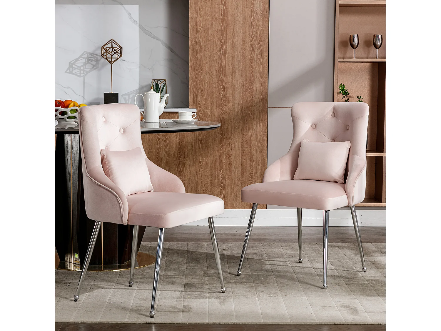 Set de 4 chaises de salle à manger avec dossier capitonné, fauteuil rembourré, pieds métalliques, design moderne, tissu velours, rose (58.5x56x55.5 cm)