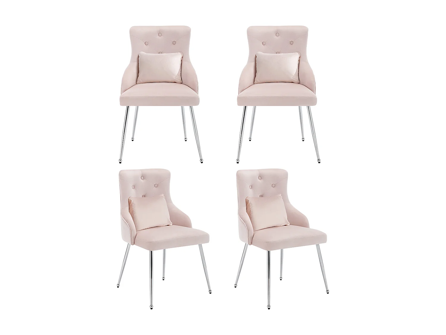 Set de 4 chaises de salle à manger avec dossier capitonné, fauteuil rembourré, pieds métalliques, design moderne, tissu velours, rose (58.5x56x55.5 cm)