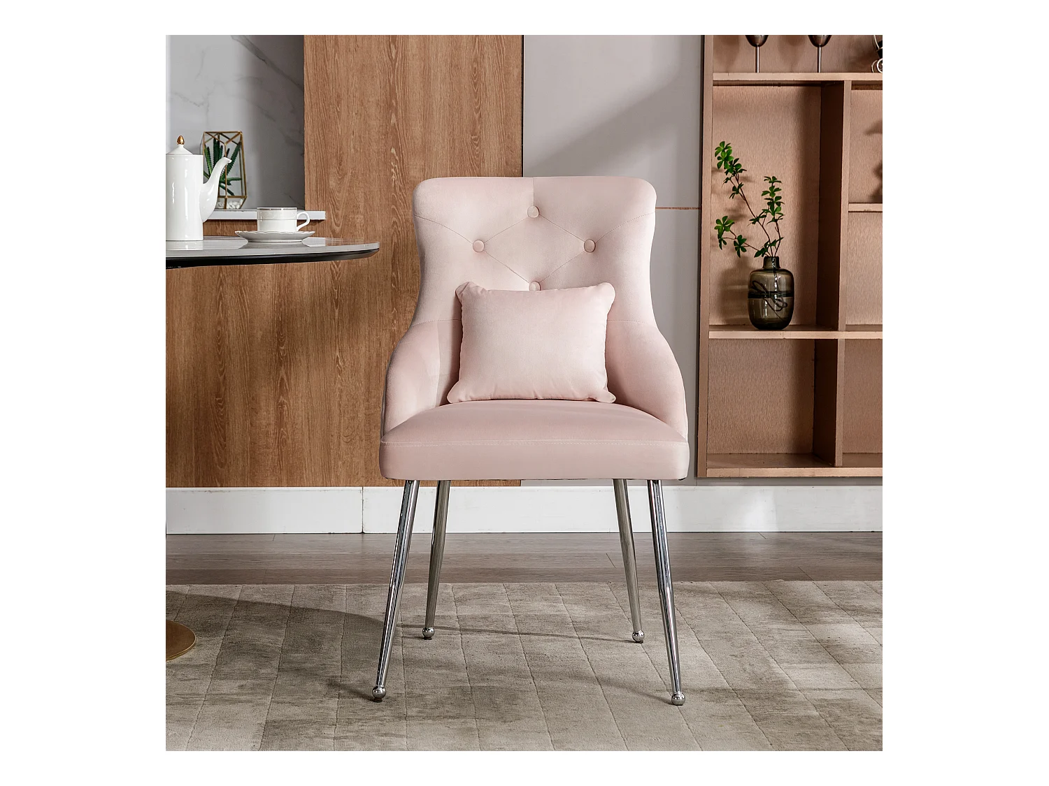 Eetkamerstoel, gecapitonneerde rugleuning, fluweel, metalen poten, moderne fauteuil, lendensteunkussen, zwart (afmetingen niet gespecificeerd)