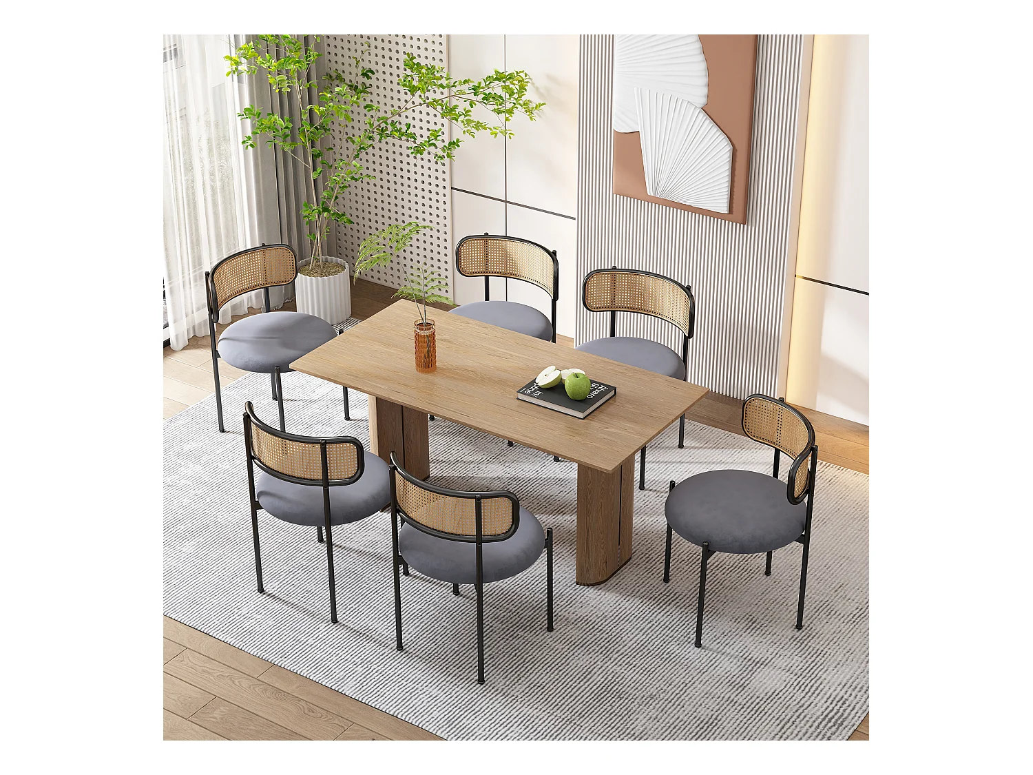 Set de chaises de salle à manger en velours, 6 pièces, avec dossier en rotin, pieds métalliques, gris (86x65x20.5 cm)
