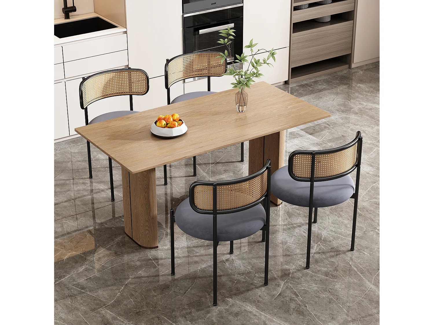 Set de chaises de salle à manger en velours, 6 pièces, avec dossier en rotin, pieds métalliques, gris (86x65x20.5 cm)