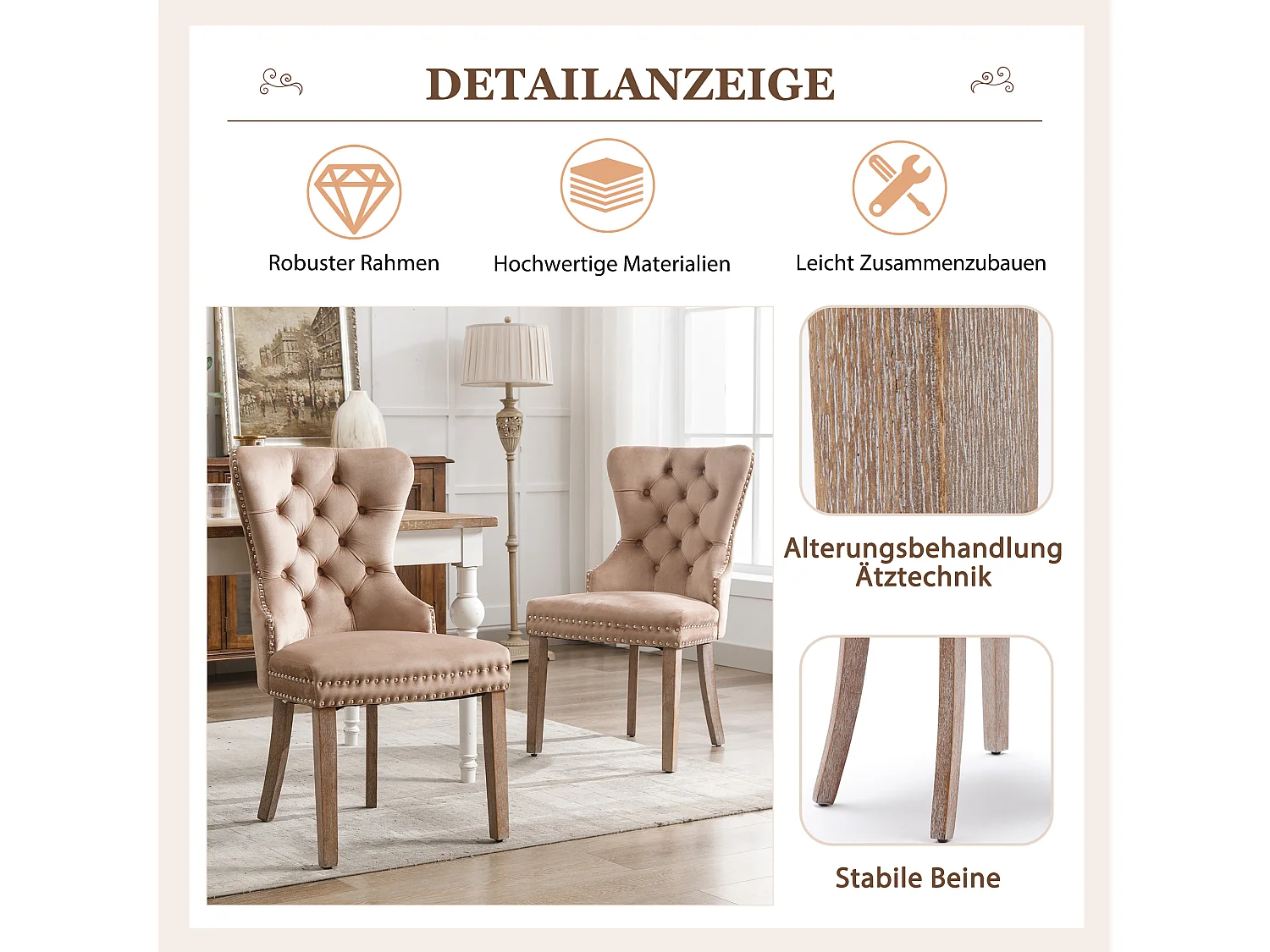 Set van 4 eetkamerstoelen, uniek design met gouden ring, poten van massief hout, bekleding van fluweel, bruin (53x46,5x95 cm)