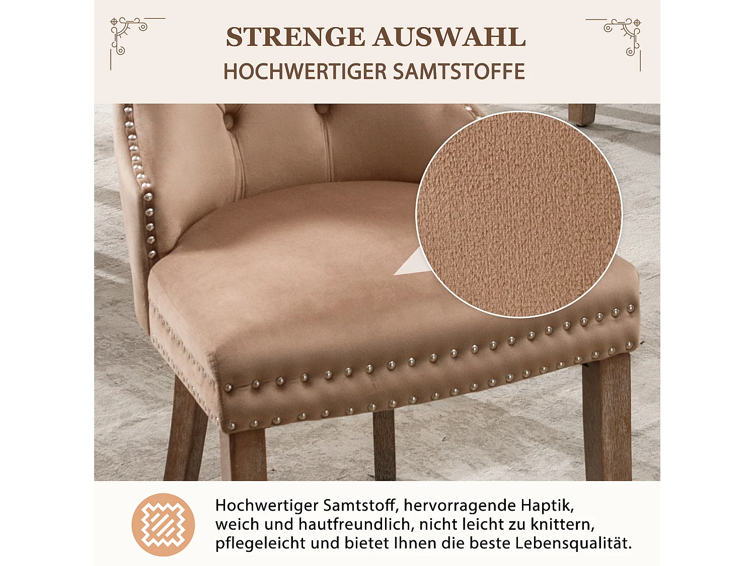 Set van 4 eetkamerstoelen, uniek design met gouden ring, poten van massief hout, bekleding van fluweel, bruin (53x46,5x95 cm)