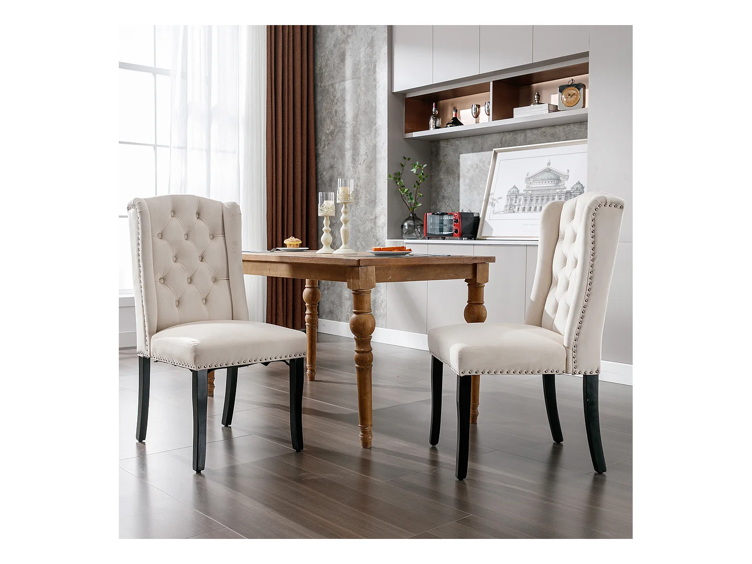 Chaise de salle à manger en velours, 2 pièces, avec pieds en chêne, boutons, clous métalliques, couleur beige (L 61 x l 45 x H 100 cm)