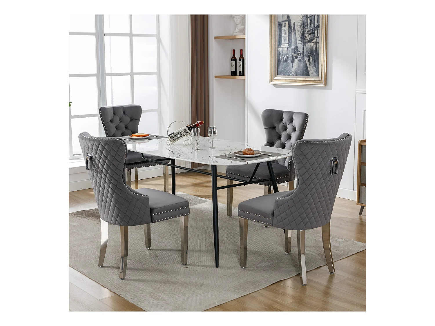 Chaise de Salle à Manger (Lot de 4), Fauteuil Lounge avec Accoudoirs, Tissu Velours, Clous en Cuivre, Pieds en Métal, Gris (53x62.5x94.5 cm)