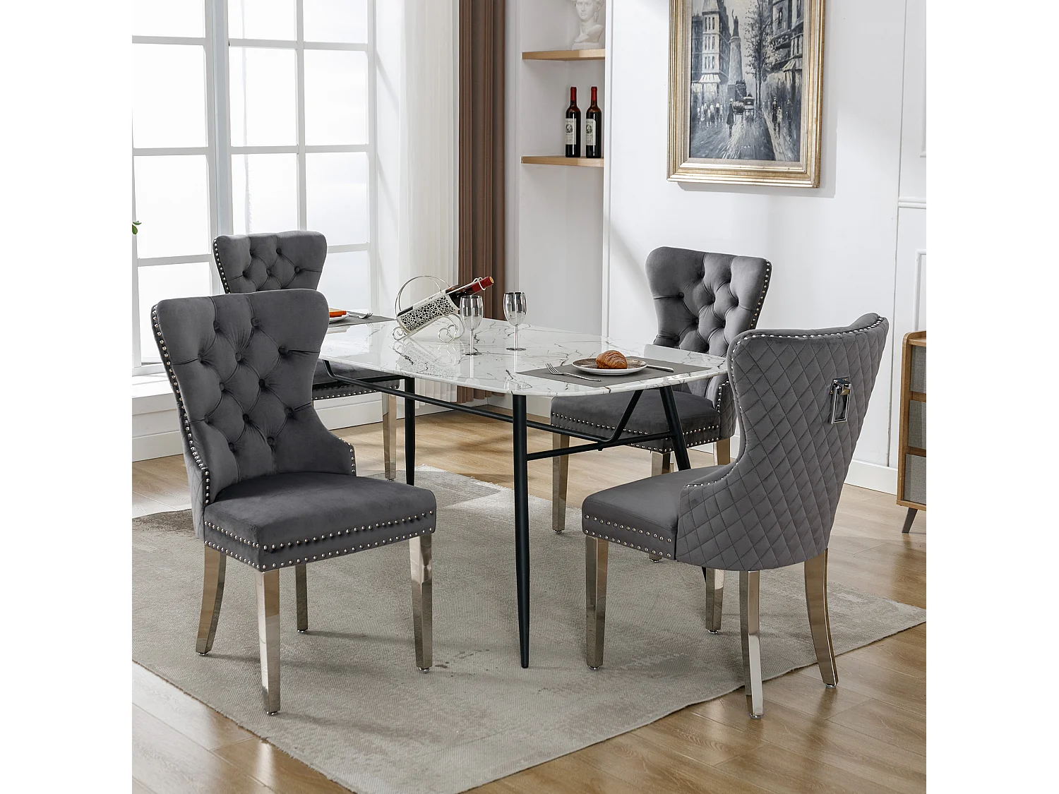 Chaise de Salle à Manger (Lot de 4), Fauteuil Lounge avec Accoudoirs, Tissu Velours, Clous en Cuivre, Pieds en Métal, Gris (53x62.5x94.5 cm)